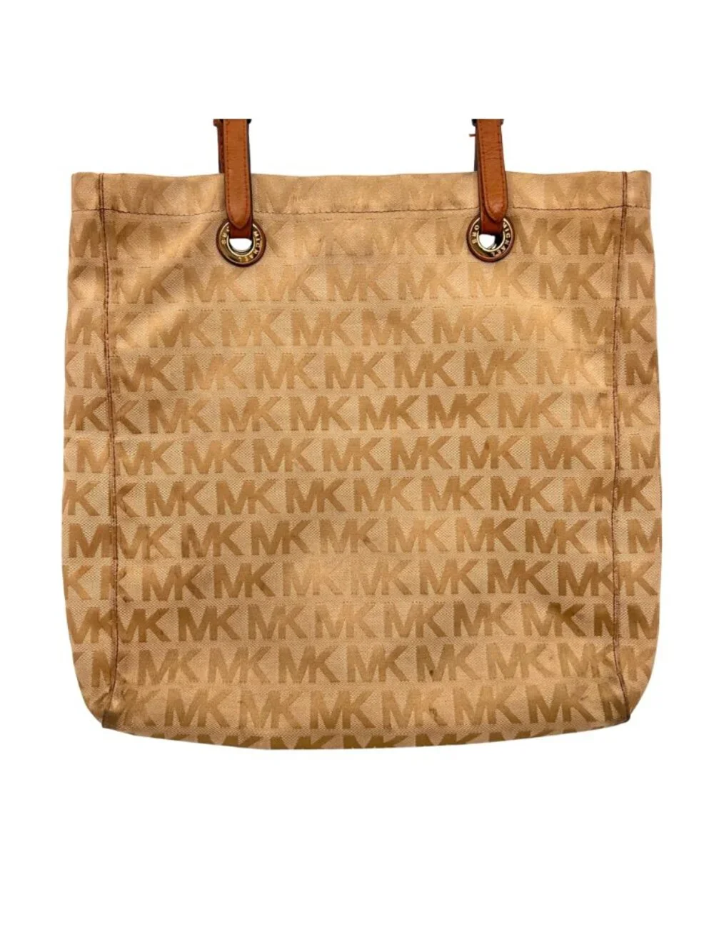 Michael Kors MK Logo Canvas Tote Bag Adjustable Leather Straps Beige Brown Gold
